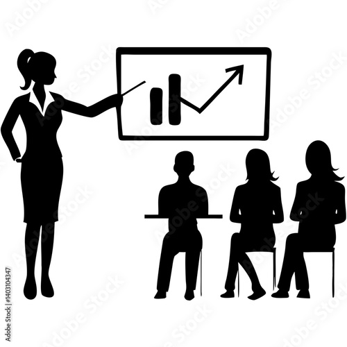 Business Presentation with Chart Analysis and Engaged Audience Silhouette Illustration