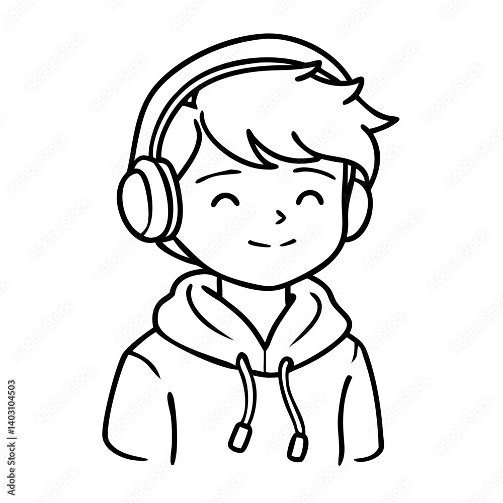 Happy Boy with Headphones Smiling in Hoodie Vector Illustration for Coloring and Design Happy Boy with Headphones Smiling in Hoodie Vector Illustration for Coloring and Design