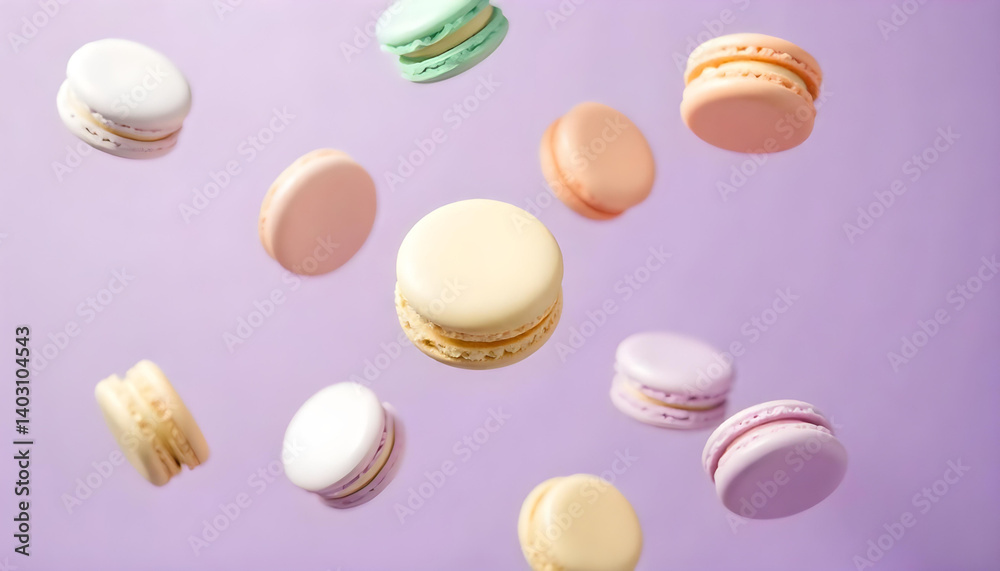 Fototapeta premium A delightful display of colorful macarons floating against a soft, pastel purple backdrop.