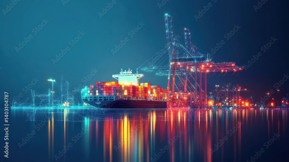 Obraz premium Digital Container Ship at Night Port, Loading Cargo, Global Trade