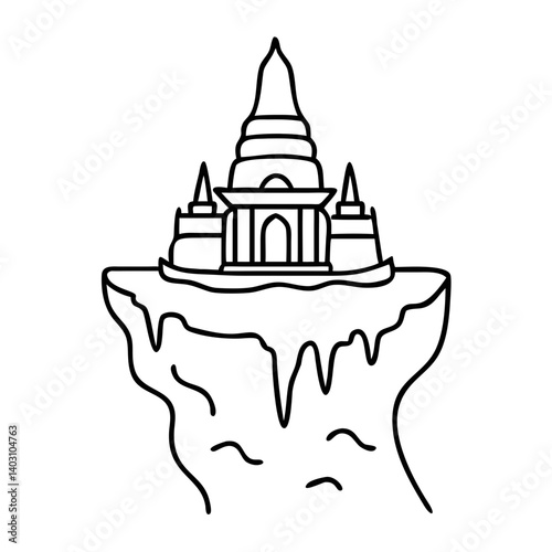 Floating Temple on Cliff Vector Design for Fantasy Art Tattoo and Coloring Book