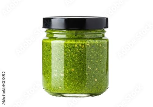 Fresh pesto sauce in glass jar gourmet food photography isolated on white background