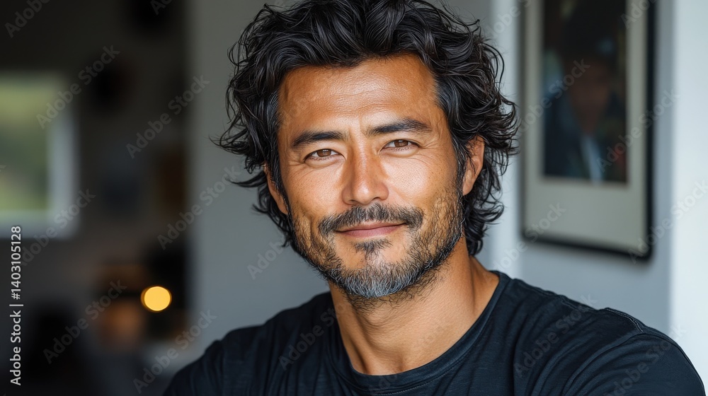Smiling man with dark, curly hair and a salt and pepper beard. Looks pleasant Smiling man with dark, curly hair and a salt and pepper beard. Looks pleasant