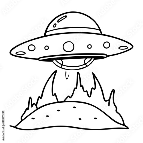 UFO Spaceship Abduction Scene with Flames Ideal for Coloring Books and Tattoo Designs