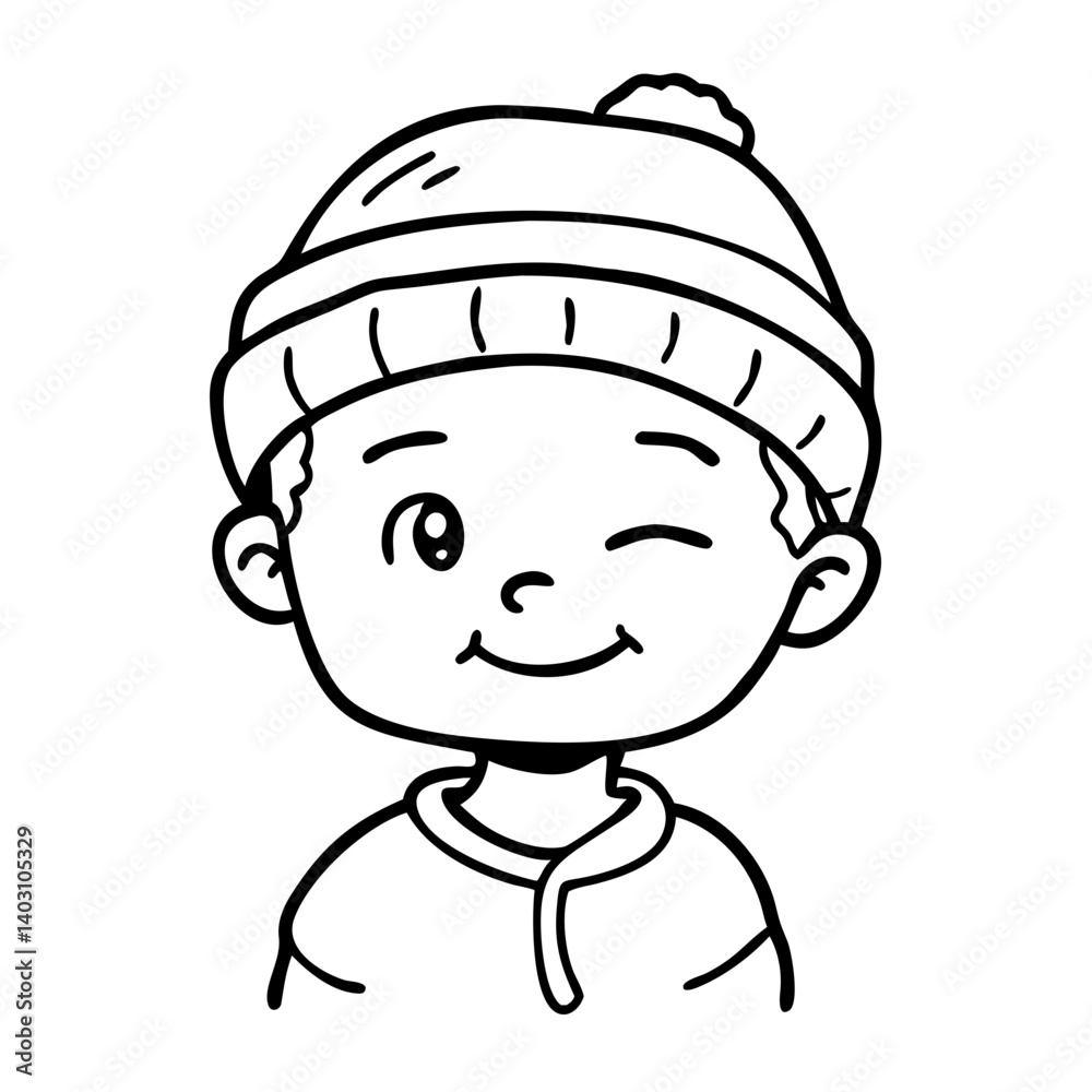 Cute Cartoon Boy Winking in Beanie Cheerful Happy Expression Vector for Coloring Books Cute Cartoon Boy Winking in Beanie Cheerful Happy Expression Vector for Coloring Books