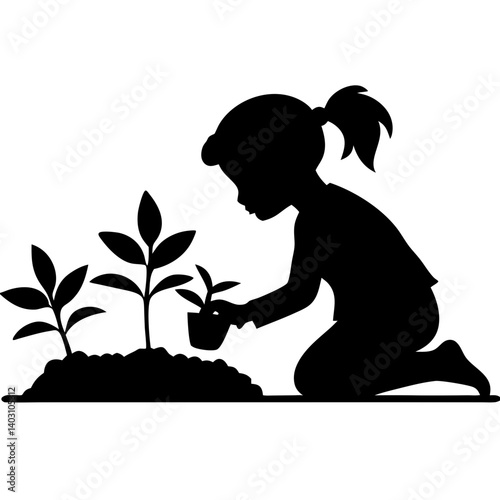 Girl Gardening Silhouette Planting Seedlings in Soil for Eco-Friendly Nature Illustrations