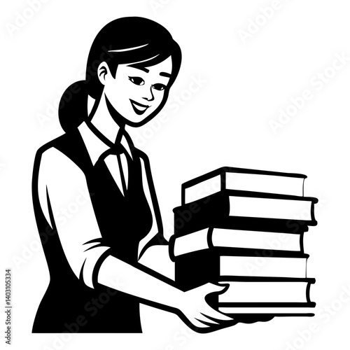 Happy Woman Holding Stack of Books Ideal for Educational Themes and Library Illustrations