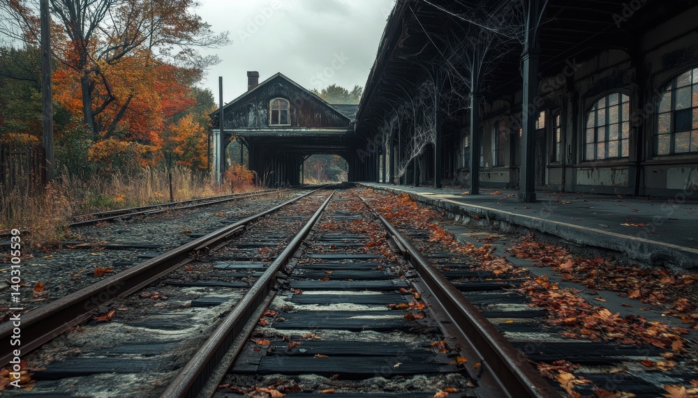Fototapeta premium Forgotten railway station, autumnal perspective.