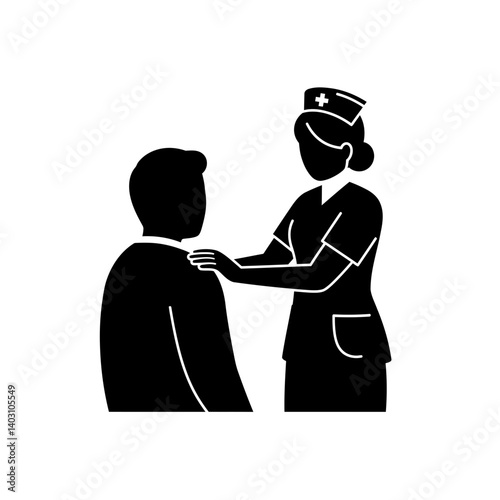 Nurse Providing Comfort: A black and white silhouette of a nurse gently reassuring a patient, demonstrating care and support in the healthcare profession.