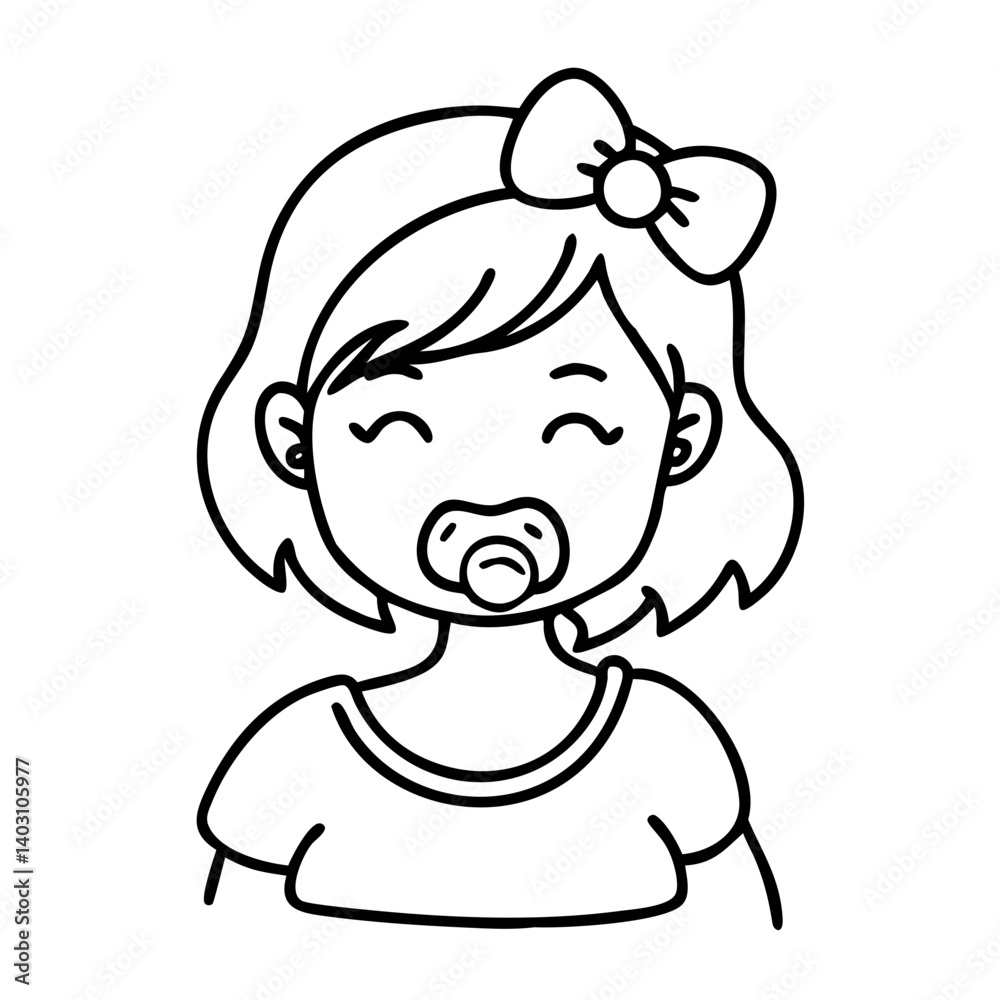 Cute Happy Baby Girl with Pacifier and Bow for Coloring Books and Children's Crafts Cute Happy Baby Girl with Pacifier and Bow for Coloring Books and Children's Crafts
