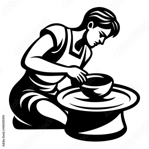 Potter Creating Ceramic Bowl on Wheel Art Vintage Style Vector Illustration