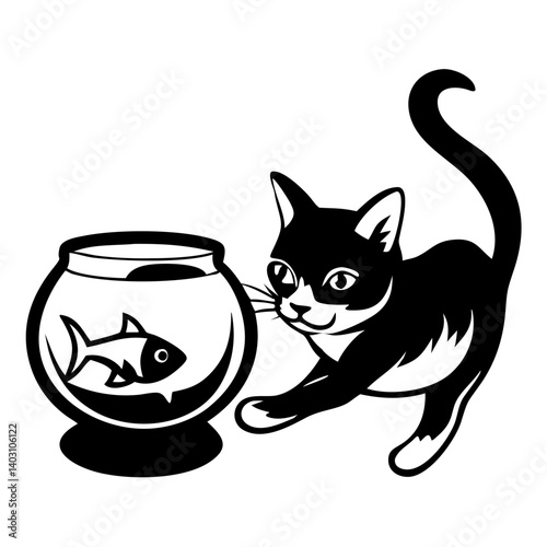 Curious Cat Approaches Fish Bowl Playful Interaction Between Cat and Goldfish