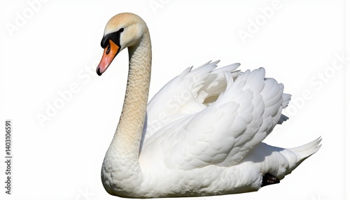 Elegant white swan swimming gracefully on a white background  