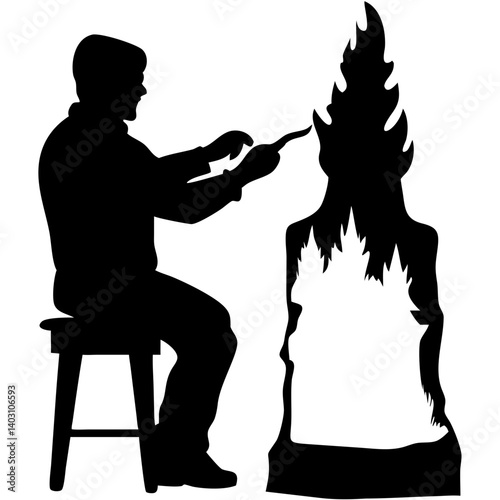 Wood Carver Sculpting Fire Inspired Shape in Silhouette for Crafts and Design Projects