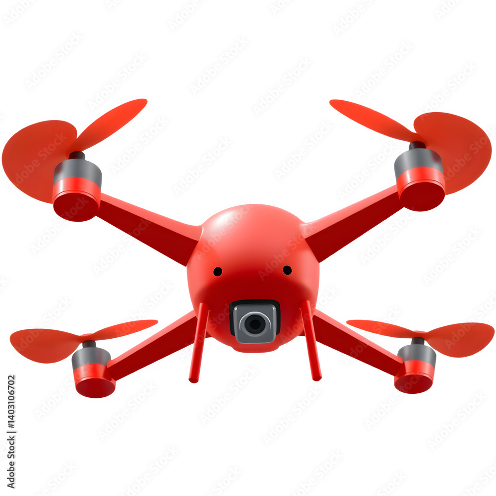 Red drone with four propellers and a camera.