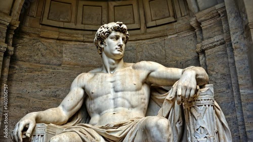 Classical marble statue of muscular man seated in throne, sculpted with drapery, interior setting with stone background