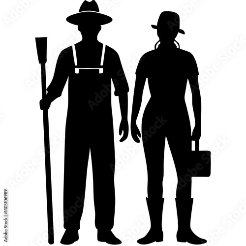 Farmers Silhouette Couple with Tools Agricultural Workers Vector Illustration
