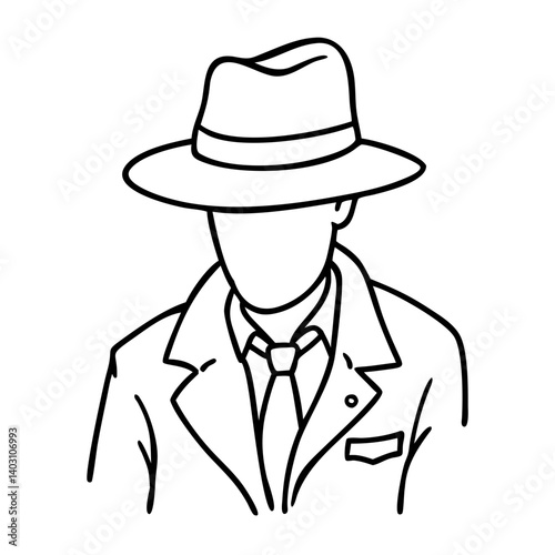 Stylized Black and White Illustration of a Mysterious Detective in a Suit and Fedora