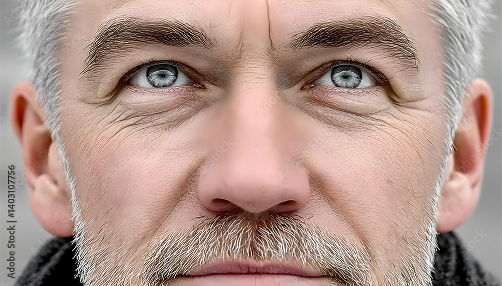 Fototapeta premium Close-up of a mature man's face, gazing upward, showing detail of eyes, nose, and stubble
