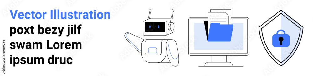 Robot assisting with digital file management on a computer, secure folder, and shield icon representing data security. Ideal for technology, cybersecurity, data protection, AI, automation, digital Robot assisting with digital file management on a computer, secure folder, and shield icon representing data security. Ideal for technology, cybersecurity, data protection, AI, automation, digital