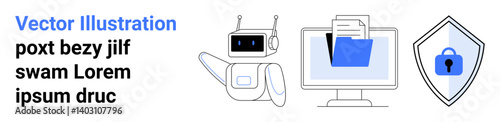 Robot assisting with digital file management on a computer, secure folder, and shield icon representing data security. Ideal for technology, cybersecurity, data protection, AI, automation, digital