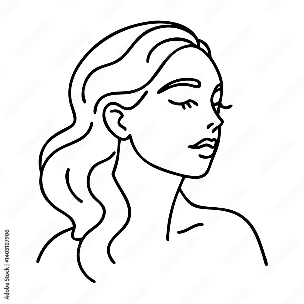Elegant Line Art Portrait of a Serene Woman with Flowing Hair for Tattoo and Coloring Design Elegant Line Art Portrait of a Serene Woman with Flowing Hair for Tattoo and Coloring Design
