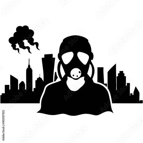 Urban Survivalist in Gas Mask against Toxic City Skyline with Pollution Clouds