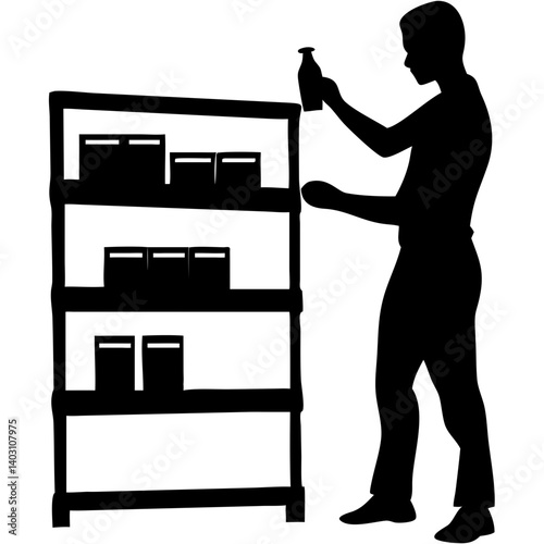 Silhouette of Man Organizing Products on Shelf in Retail Setting for Interior Design and Decor