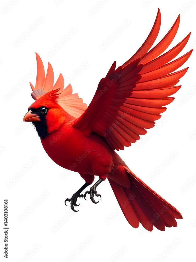 Fototapeta premium A stunning view of a brilliant red cardinal bird in full flight, isolated against white.