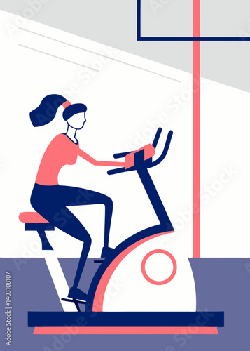 Vector illustration of a woman exercising her hips on a velosimulator, showcasing fitness and health