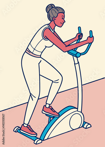 Vector illustration of a woman exercising her hips on a velosimulator, showcasing fitness and health