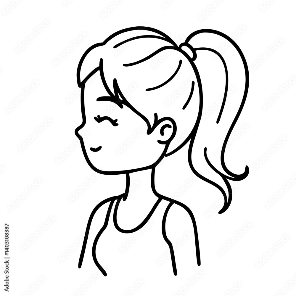 Cute Young Girl Side View with Ponytail Illustration for Coloring Books and Graphic Design Cute Young Girl Side View with Ponytail Illustration for Coloring Books and Graphic Design