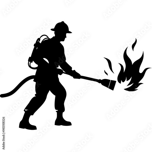 Brave Firefighter Silhouette Extinguishing Flames with Fire Hose for Emergency Response Graphics