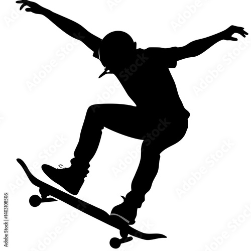 Dynamic Skater Performing a Kickflip on Skateboard Silhouette for Skate Culture Designs