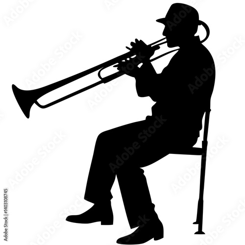 Silhouette of a Jazz Musician Playing Trombone Seated on a Chair for Creative Design