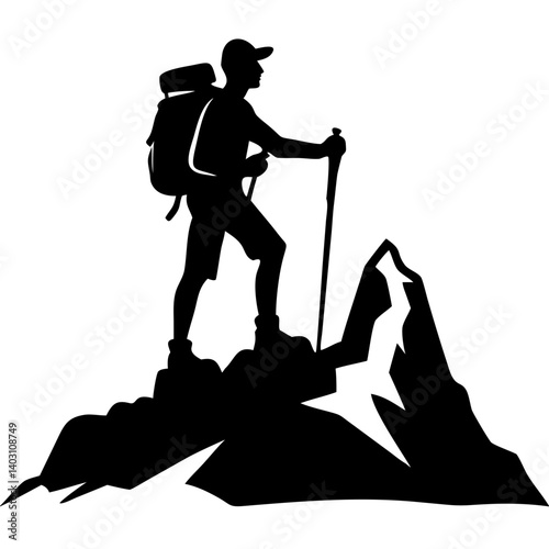 Hiker Trekking Up Mountain Peak Silhouette for Outdoor Adventure and Fitness Illustrations