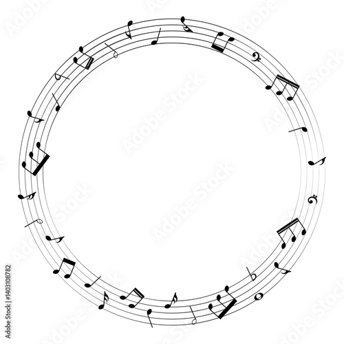 Music notes background, round musical frame, vector illustration.
