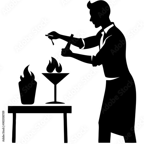 Bartender Creating an Artistic Flaming Cocktail in a Stylish Bar Environment
