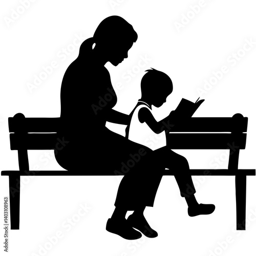 Mother Reading to Child on Park Bench Silhouette Illustration for Family Bonding Themes