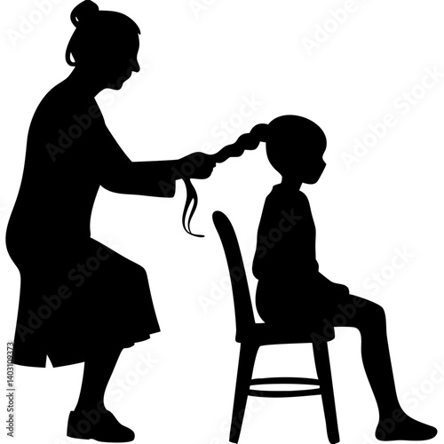 Caring Grandmother Braiding Hair of Young Girl  Family Bonding and Love Illustration