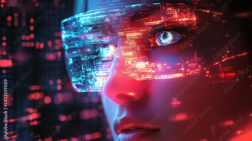 Woman, futuristic glasses, city, digital overlay, code Woman, futuristic glasses, city, digital overlay, code