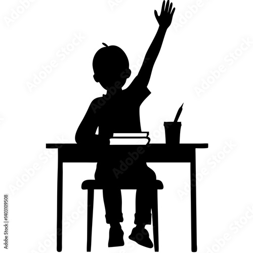 Inquisitive Schoolboy Raising Hand at Desk with Books and Pen for Educational Themes