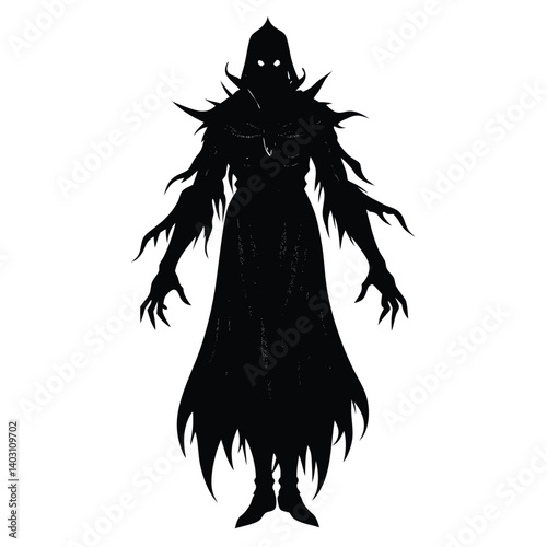 Dark Fantasy Silhouette of a Grim Reaper Figure: Eerie Cloaked Character with Sharp Claws and Hood, Gothic Horror Illustration