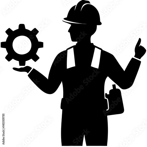 Construction Worker Silhouette Holding Gear for Industrial Theme Graphics