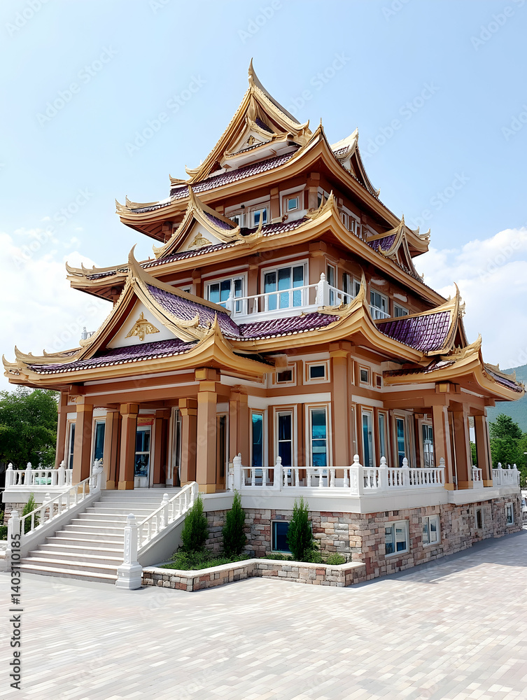 Multi-tiered Asian temple, light brown wood, purple trim, stone base, clear sky Multi-tiered Asian temple, light brown wood, purple trim, stone base, clear sky