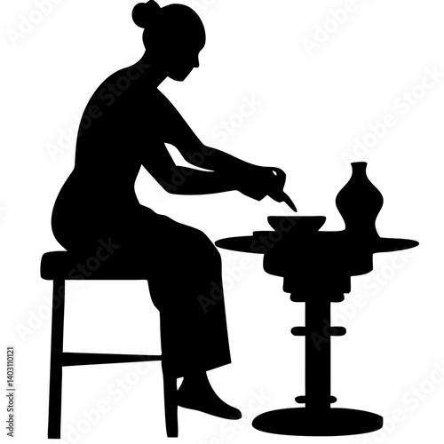 Silhouette of Woman Shaping Pottery at a Wheel Perfect for Crafting and Art Projects