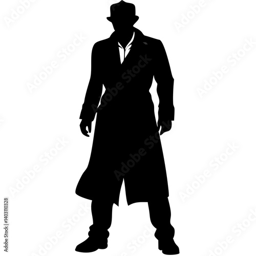 Silhouette of Detective in Trench Coat Hat Dark Mystery Character Illustration