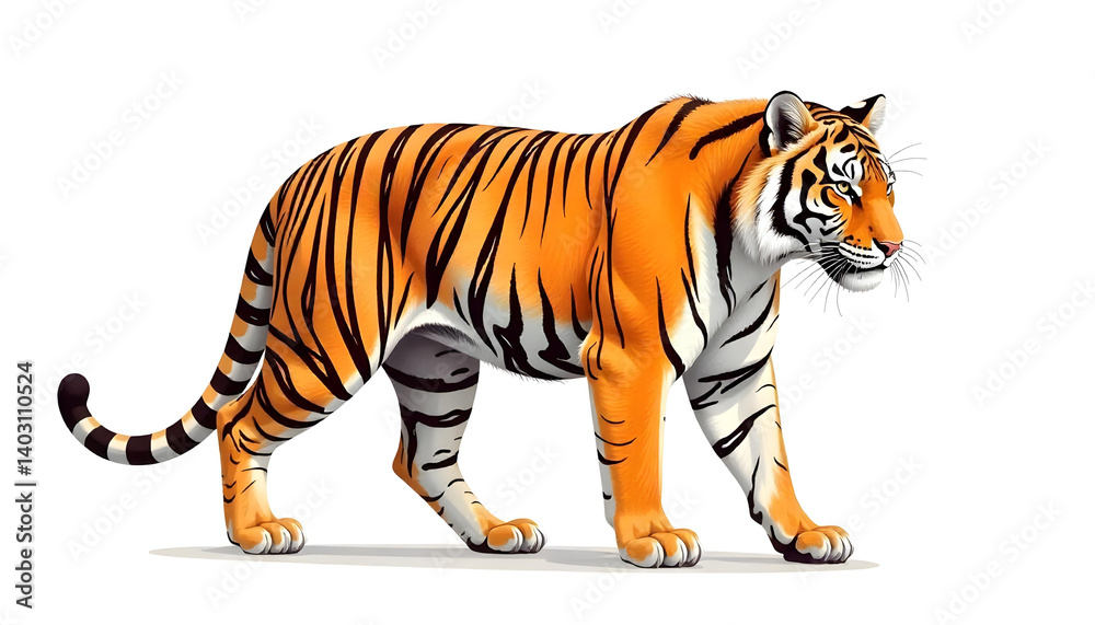 Obraz premium A majestic tiger walks confidently, showcasing its striking orange and black striped fur in this artwork.