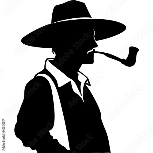 Silhouette of a Gentleman with Pipe and Wide Brim Hat Profile Art for Vintage Themes