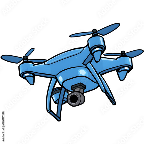 A vibrant blue drone hovers, ready for flight. Its sleek design and powerful camera are ready to capture stunning aerial shots.